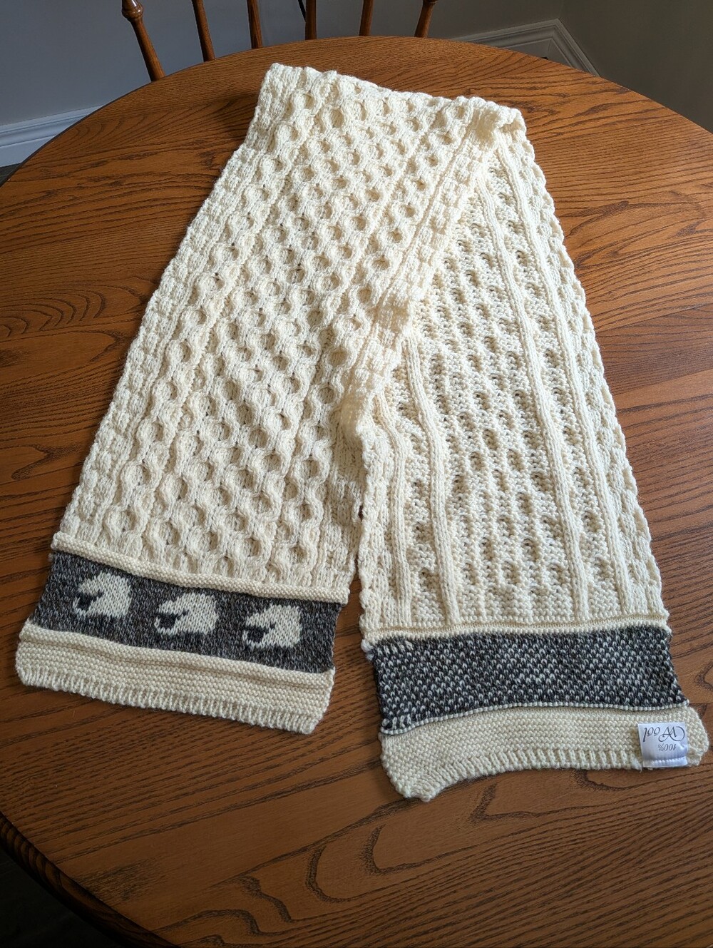 Aran Style Cream Cable Knit Scarf with Gray Accent And Sheep Graphics. 56x10''